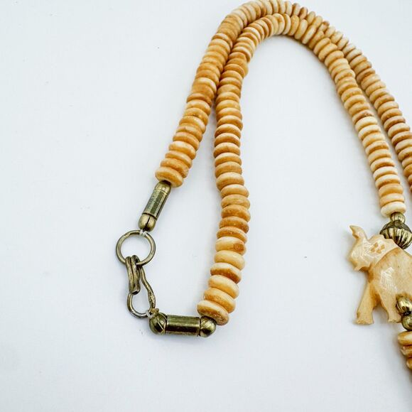 Carved Elephant Pendant Necklace Tribal Ethnic Organic Bead Brass Tone Statement - Picture 10 of 11